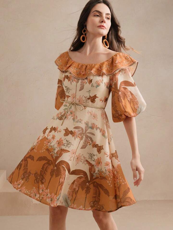CM-DS328234 Women Trendy Bohemian Style Off Shoulder 3/4 Puff Sleeve High Waist Short Dress