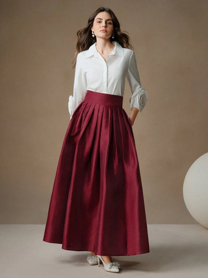 CM-BS386136 Women Elegant Seoul Style High Waisted Puff Pleated Long Skirt - Burgundy
