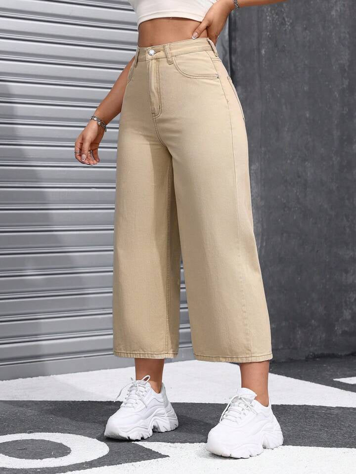 CM-BS517977 Women Casual Seoul Style High-Waisted Baggy Wide Leg Capri Denim - Khaki