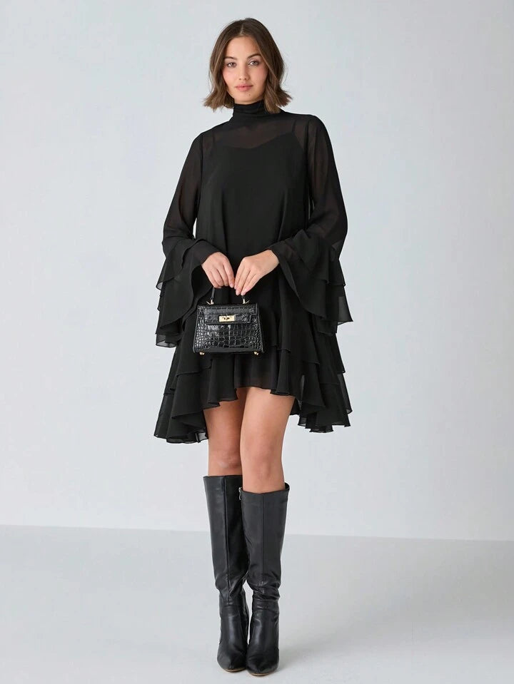 CM-DS399818 Women Elegant Seoul Style Solid Stand Collar Long Sleeve High Waist A-Line Dress - Black
