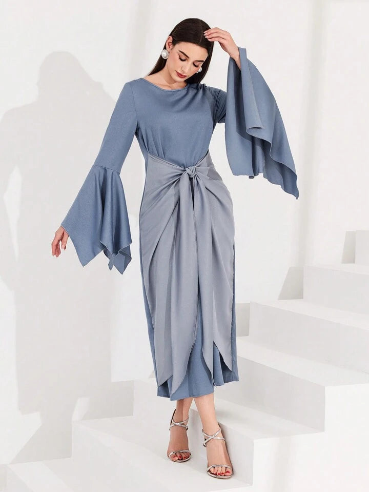CM-DS044444 Women Elegant Seoul Style Irregular Bell Sleeve Tied Front Dress - Blue