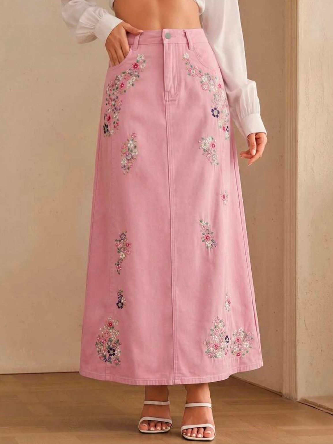 CM-BS478582 Women Casual Seoul Style Mid Waist Embroidery Slimming Design Split A-Line Denim Skirt - Pink
