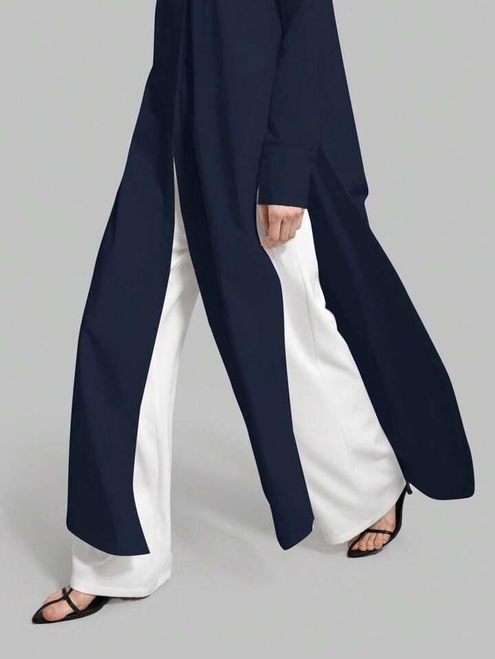 CM-TS896861 Women Casual Seoul Style Shirt Collar Long Sleeve Front Button High Slit Long Shirt - Navy Blue
