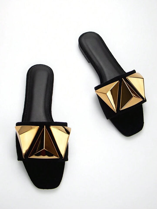 CM-SHS803122 Women Elegant Seoul Style Metallic Studded Decor Slide Sandals - Black