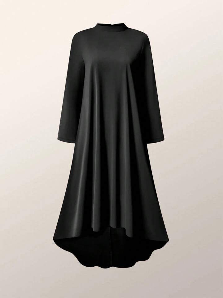 CM-DS942692 Women Elegant Seoul Style High Collar Long Sleeve Mid-Length Dress - Black