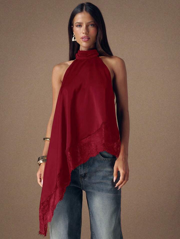 CM-TS422222 Women Elegant Seoul Style Lace Satin Patchwork Sleeveless Trim Backless Camisole Top - Burgundy