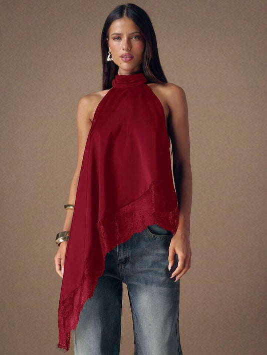 CM-TS422222 Women Elegant Seoul Style Lace Satin Patchwork Sleeveless Trim Backless Camisole Top - Burgundy