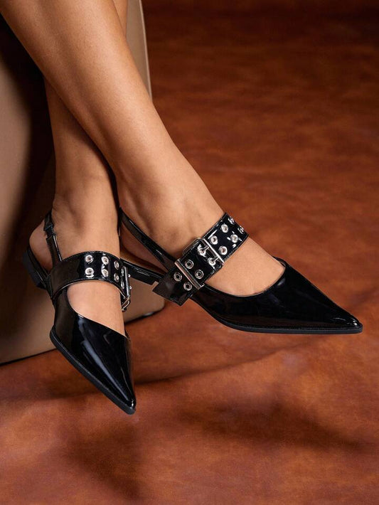 CM-SHS211748 Women Trendy Seoul Style Shiny Patent Leather Pointed Toe Slingback Flats - Black