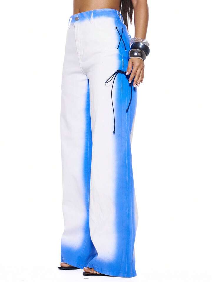 CM-BS783526 Women Casual Seoul Style Low Waist Contrast Washed Eyelet Tie Extra Long Denim Jeans