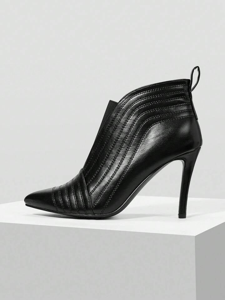 CM-SHS066669 Women Trendy Seoul Style Quilted Line Pointed Toe High Heel Ankle Boots - Black