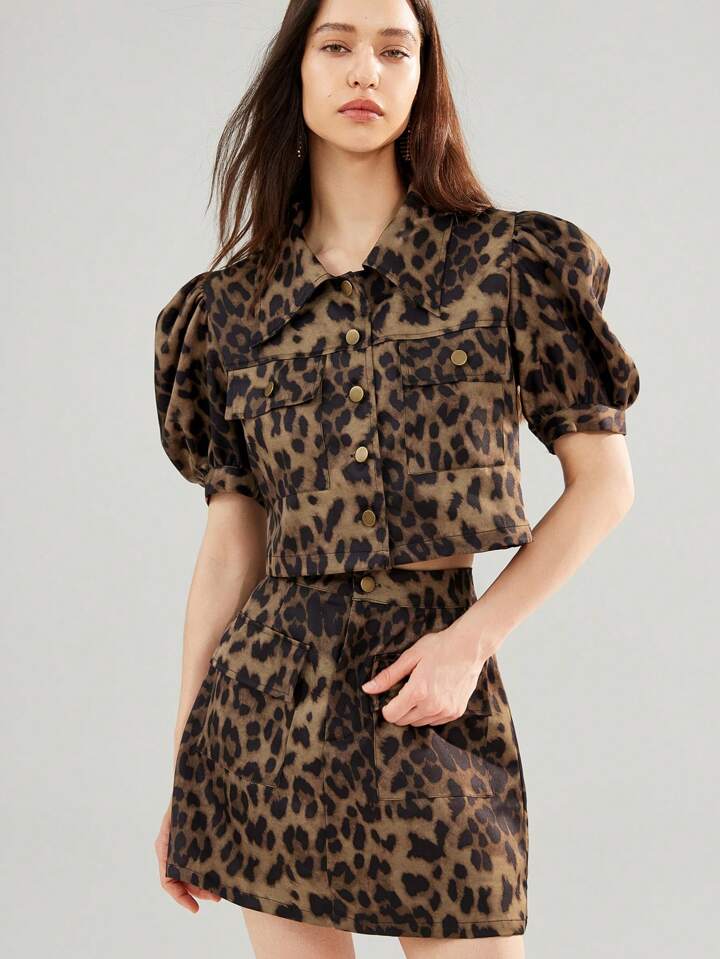 CM-SS285566 Women Casual Seoul Style Textured Pattern Collar Neckline Puff Sleeve Cropped Top With Skirt - Set