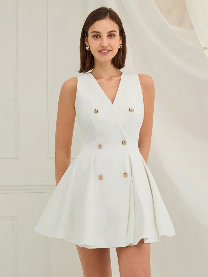 CM-DS800859 Women Elegant Seoul Style V-Neck Front Button Sleeveless A-Line Mini Dress - White