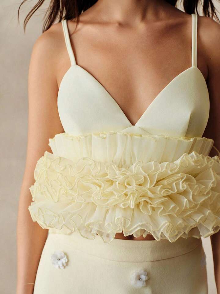 CM-TS564794 Women Elegant Seoul Style Solid Color Knit Patchwork Multi-Layer Ruffle Organza Camisole Top - Light Yellow