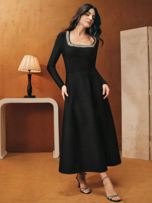 CM-DS016057 Women Elegant Seoul Style Square Neck Long Sleeve Rhinestone Bandage Ribbed A-Line Dress - Black