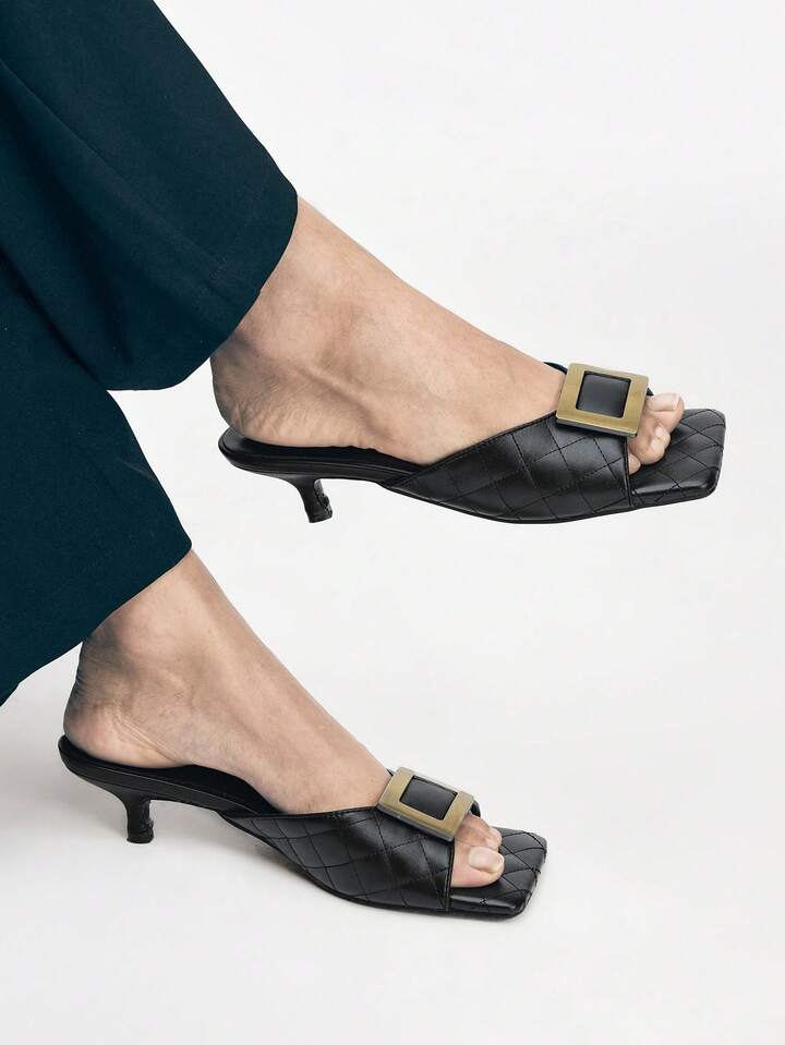 CM-SHS060912 Women Trendy Seoul Style Colorblock Square Toe High Heel Sandals - Black