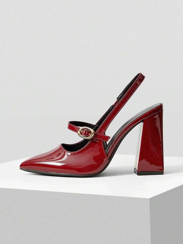 CM-SHS693377 Women Trendy Seoul Style Pointed Toe Buckle Design High Heels - Burgundy