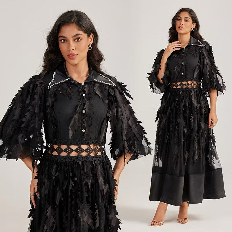CM-DY055505 Women Elegant European Style Collar Rhinestone Neckline Half Sleeve Hollow Out Long Dress - Black