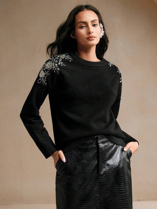 CM-CS888830 Women Casual Seoul Style Diamond Embellished Crew Neck Long Sleeve Sweater - Black