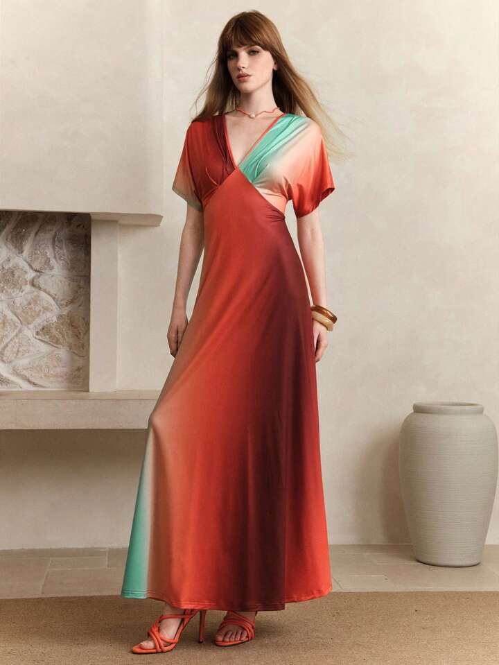 CM-DS922324 Women Casual Seoul Style Satin Tie-Dye Ombre Deep V Neck Long Sleeve Maxi Dress