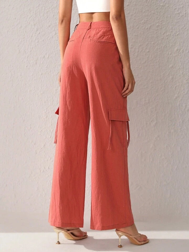 CM-BS279733 Women Trendy Bohemian Style Pocket Straigh-Legged Pants - Orange