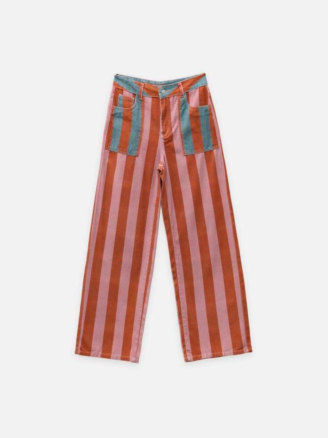 CM-BS998962 Women Elegant Seoul Style Mid Waist Front Patch Pockets Striped Wide Leg Denim Trousers