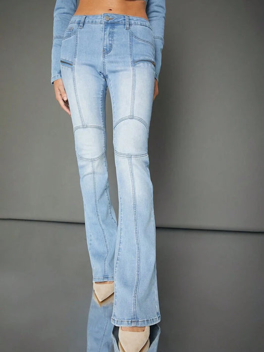 CM-BS548654 Women Casual Seoul Style Drop Waist Skinny Bootcut Denim Jeans - Blue