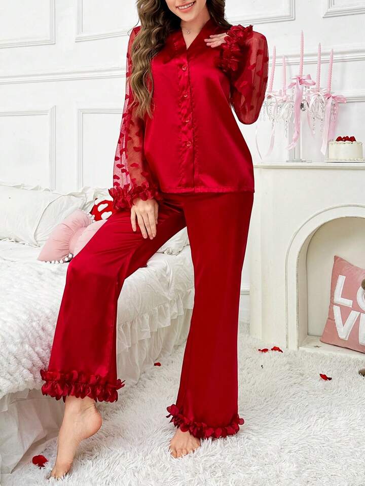 CM-LS535185 Women Trendy Seoul Style 3D Floral Lace Heart Mesh Satin Pajama Set - Red