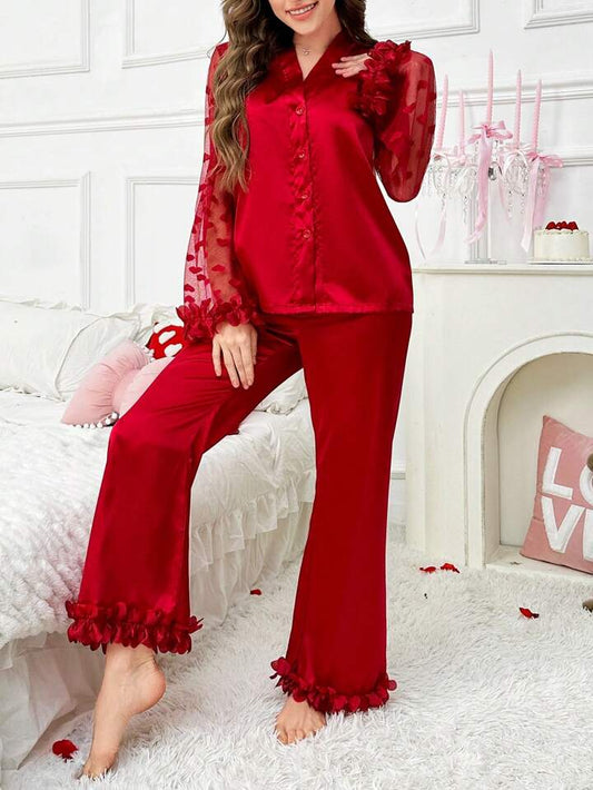CM-LS535185 Women Trendy Seoul Style 3D Floral Lace Heart Mesh Satin Pajama Set - Red