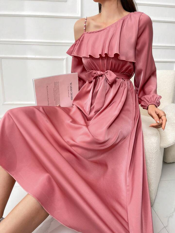 CM-DS197837 Women Elegant Seoul Style Asymmetric Collar Ruffle Hem A-Line Dress - Hot Pink