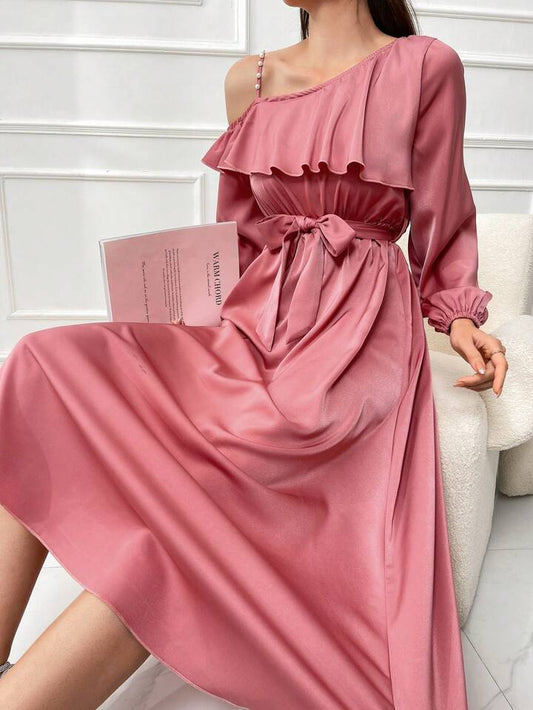 CM-DS197837 Women Elegant Seoul Style Asymmetric Collar Ruffle Hem A-Line Dress - Hot Pink