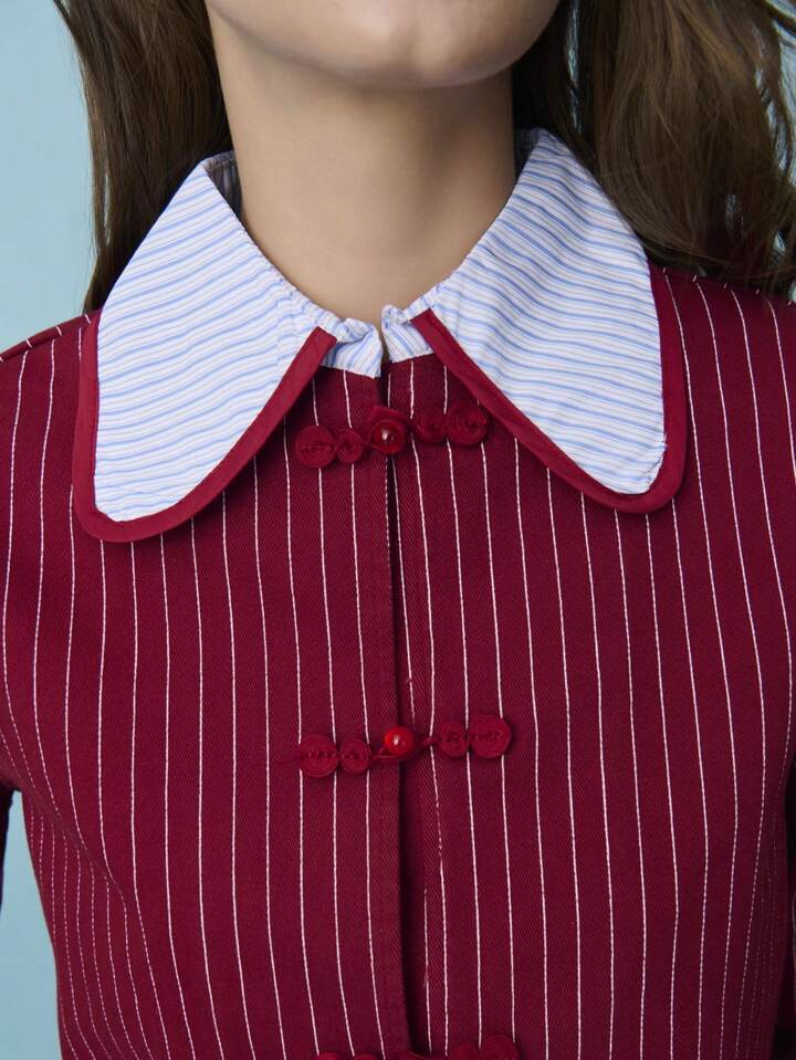 CM-CS486945 Women Casual Seoul Style Chinese Style Knotted Buttons Striped Long-Sleeve Fitted Jacket - Red