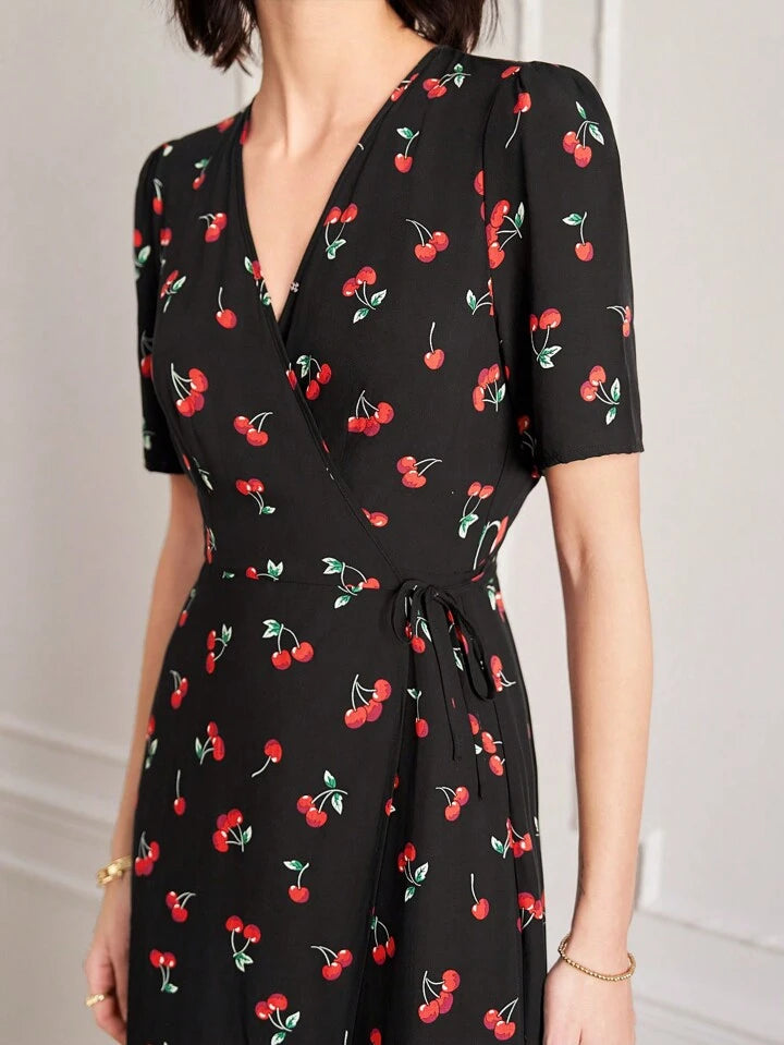 CM-DS467484 Women Trendy Bohemian Style V-Neck Cherry Print A-Line Midi Dress