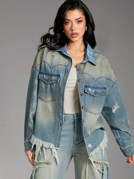 CM-CS982285 Women Casual Seoul Style Medium Wash Collar Neckline Long Sleeve Tinted Ripped Denim Jacket