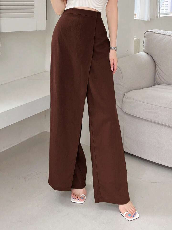 CM-BS005160 Women Casual Seoul Style Asymmetric Loose Fit Wide Leg Pants - Coffee Brown