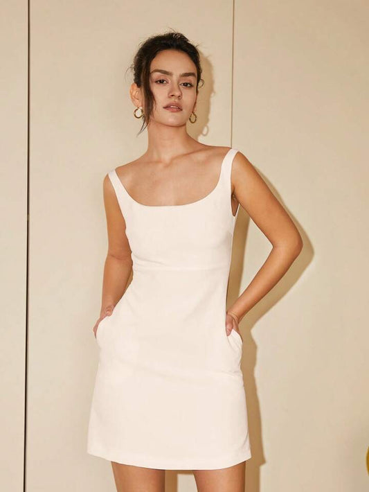 CM-DS239207 Women Elegant Seoul Style Solid Scoop Neck Sleeveless Mini Dress - White