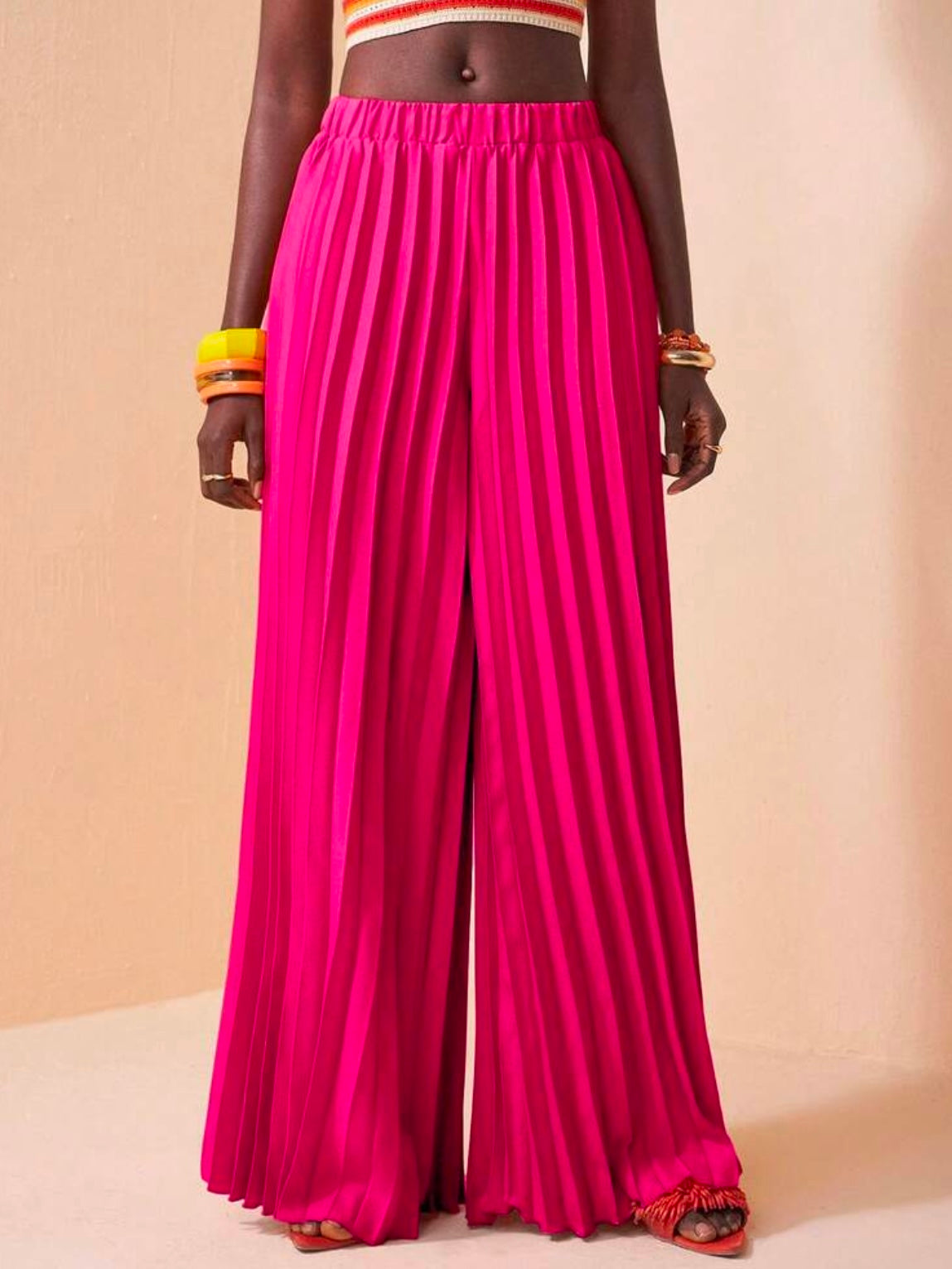 CM-BS843736 Women Trendy Bohemian Style Elastic Waist Pleated Large Hem Extra Long Wide Leg Pants - Hot Pink