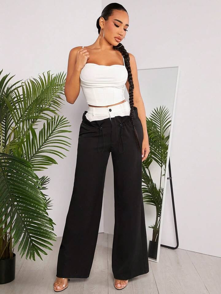 CM-BS924414 Women Casual Seoul Style Contrast Color Elastic Waist Wide Leg Pants