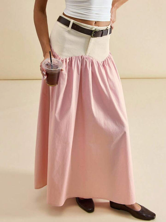 CM-BS523145 Women Casual Seoul Style Colorblock Mid Waist Contrast Color Pleated Skirt - Pink