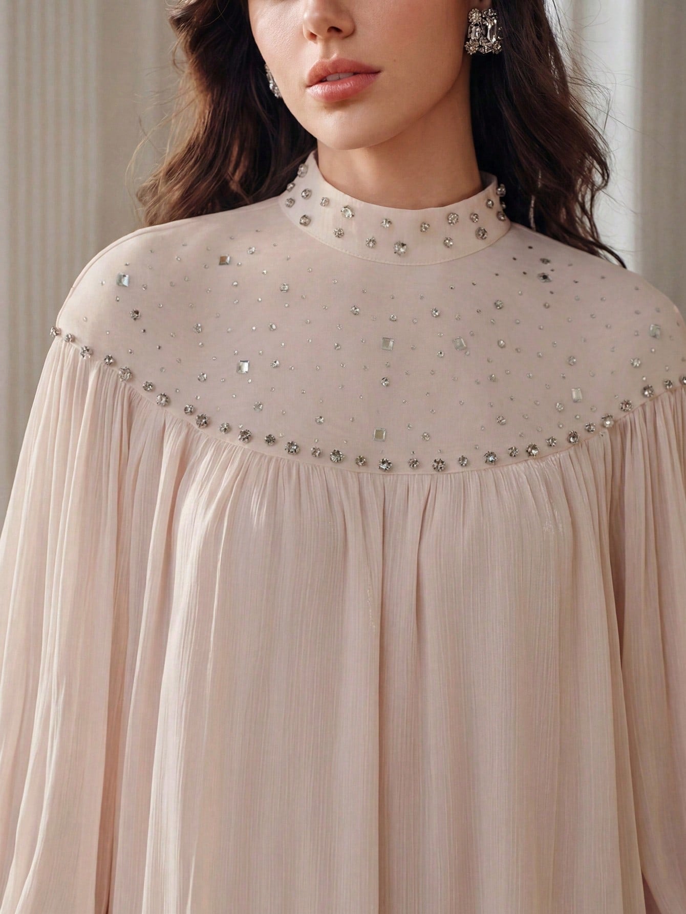 CM-TS800028 Women Elegant Seoul Style Rhinestone Embellished Mesh Patchwork Long Sleeve Glossy Loose Fit Top - Apricot