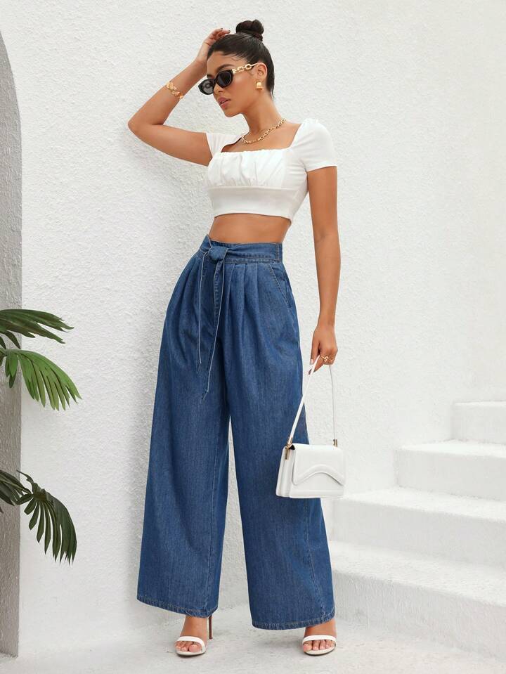 CM-BS692337 Women Casual Seoul Style Medium Wash High Waist Belted Wide Leg Jeans