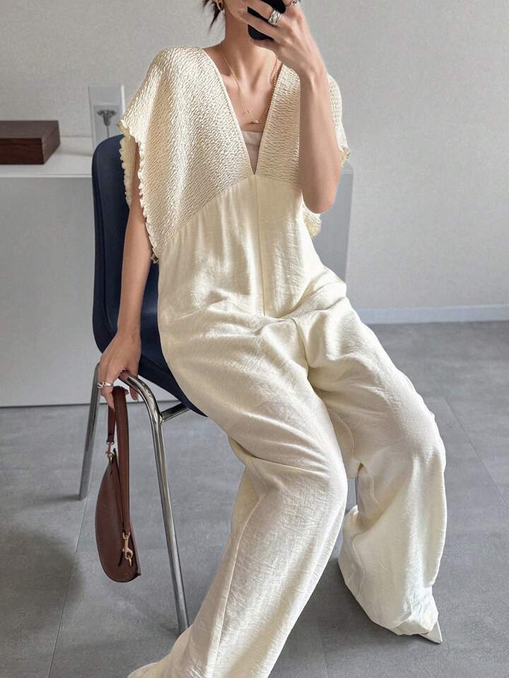 CM-JS653459 Women Trendy Bohemian Style V-Neck With Drawstring Jumpsuit Trousers - Beige