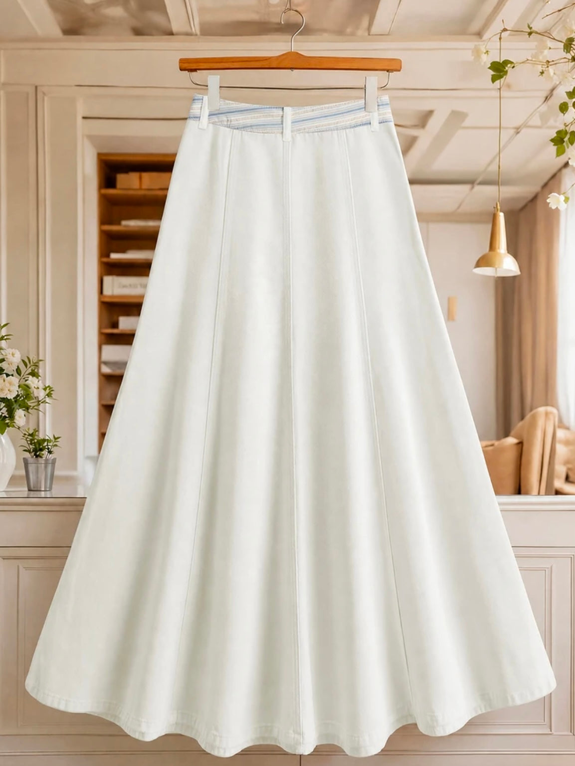 CM-BS509073 Women Casual Seoul Style Mid Waist Striped Patchwork Denim Long Skirt - White