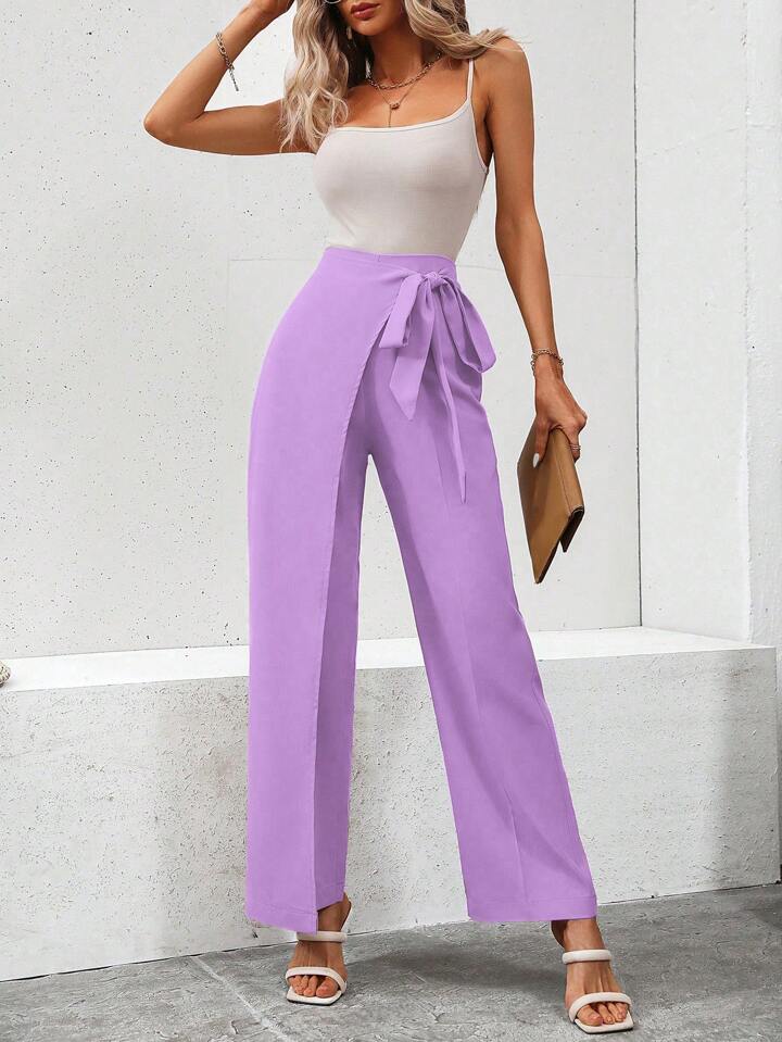 CM-BS627173 Women Casual Seoul Style Side Tie High Waist Straight Leg Pants - Mauve Purple