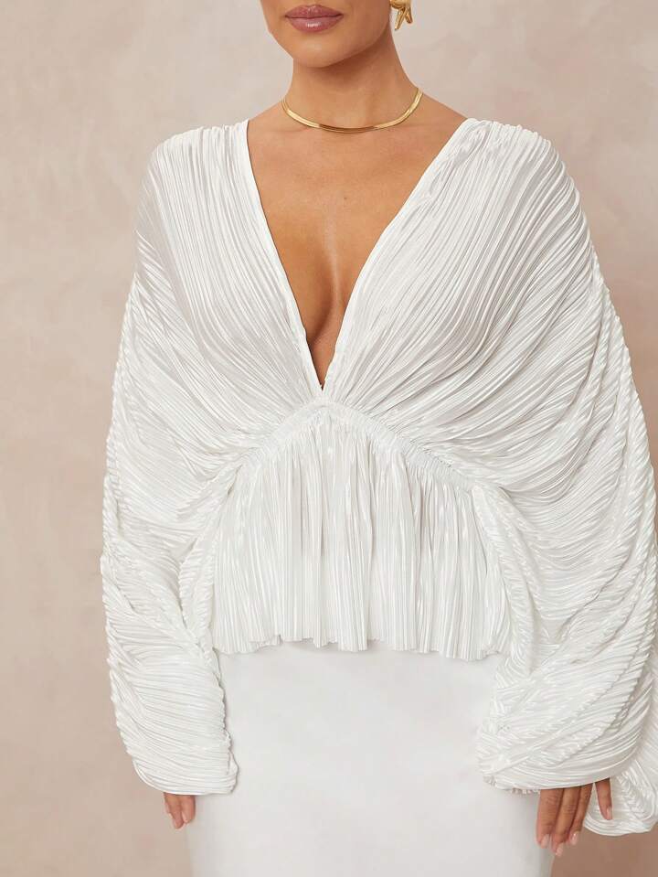 CM-TS219651 Women Elegant Seoul Style Deep V-Neck Long Sleeve Loose Fit Ruffled Hem  Oversized Blouse - White