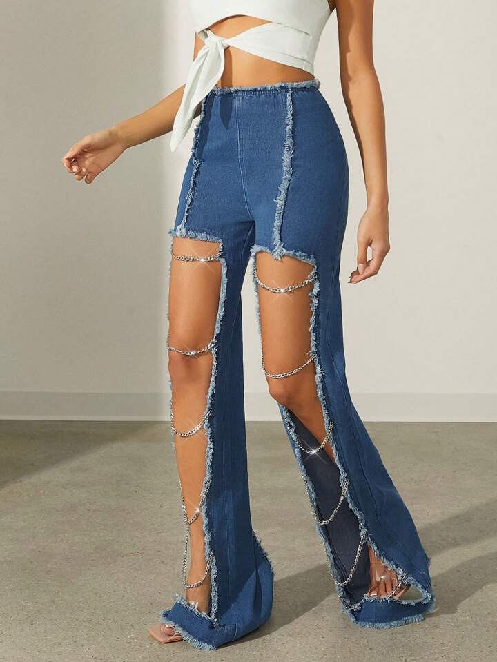CM-BS616056 Women Casual Seoul Style Medium Wash Patchwork Frayed Chain Design Ripped Jeans