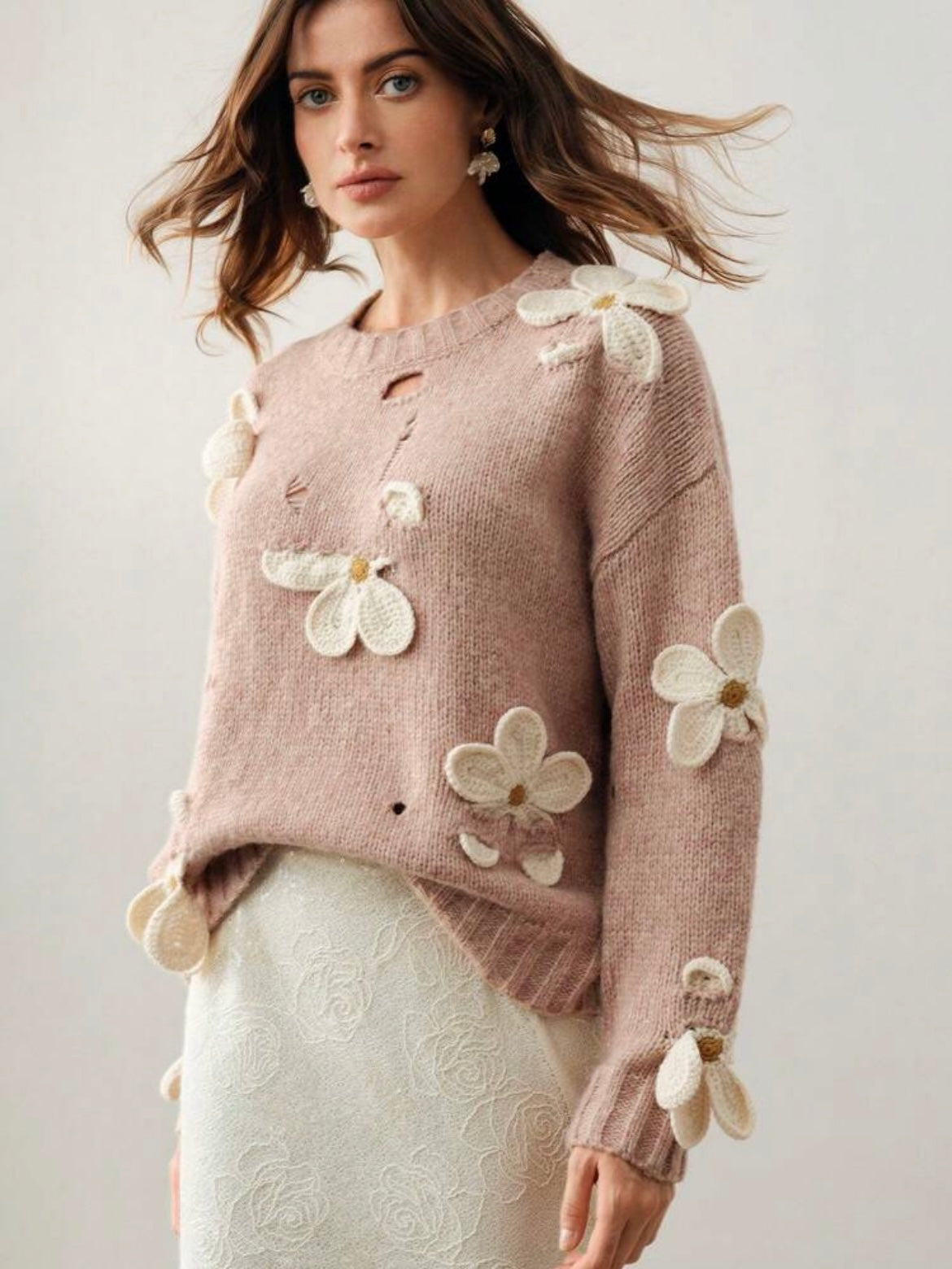 CM-CS023355 Women Casual Seoul Style Round Neck Crochet 3D Floral Long Sleeve Knitted Sweater