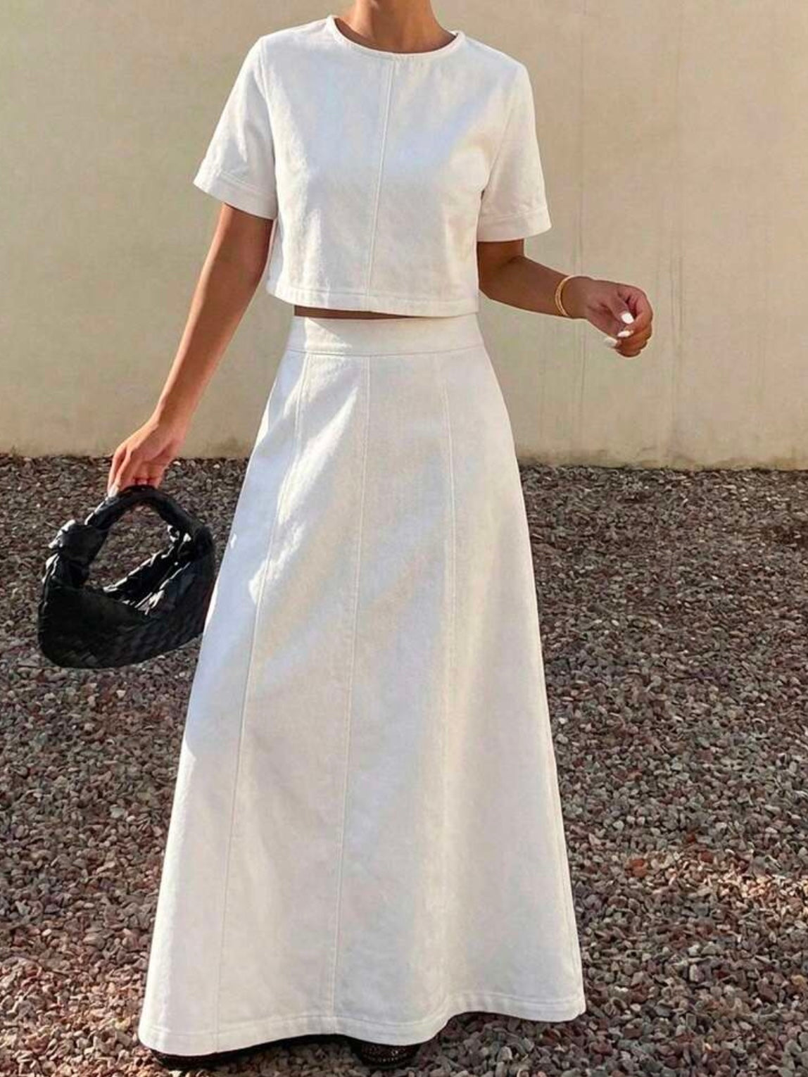 CM-SS600501 Women Casual Seoul Style Round Neck Short Sleeve Cropped Top With High Waist A-Line Long Denim Skirt - Set