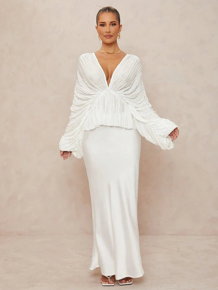 CM-TS219651 Women Elegant Seoul Style Deep V-Neck Long Sleeve Loose Fit Ruffled Hem  Oversized Blouse - White