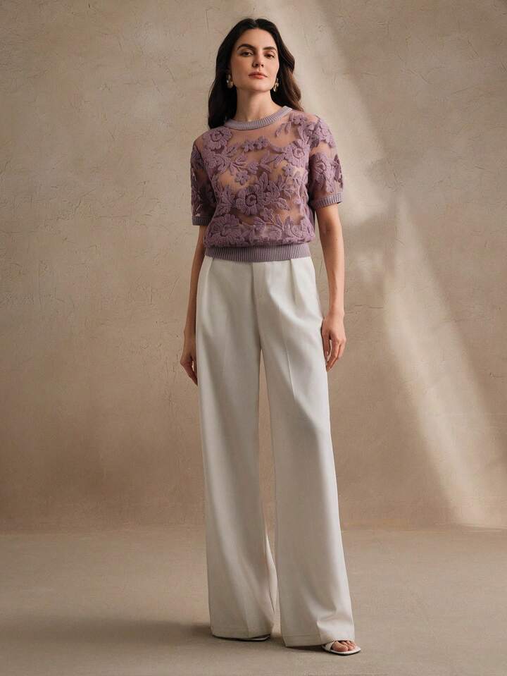 CM-TS870699 Women Casual Seoul Style Floral Mesh Round Neck Short Sleeve Knit Top - Purple