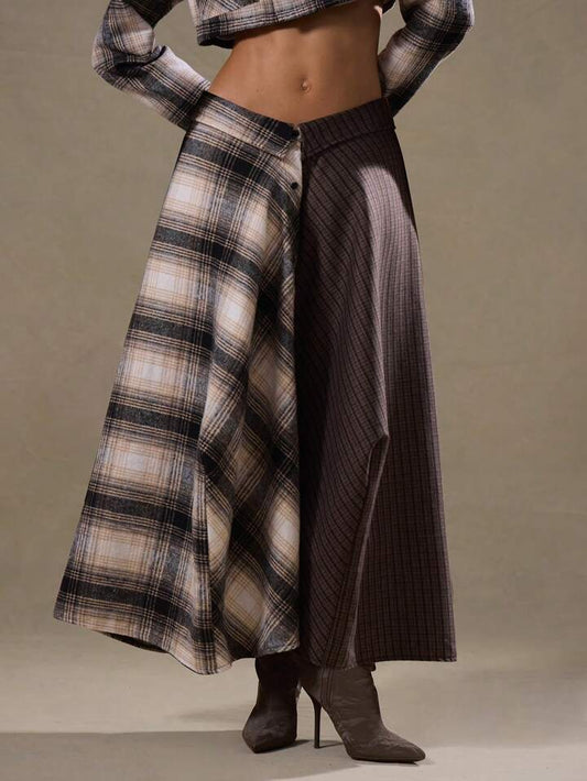 CM-BS599873 Women Trendy Bohemian Style Fold Over Split Plaid Flannel Maxi Skirt